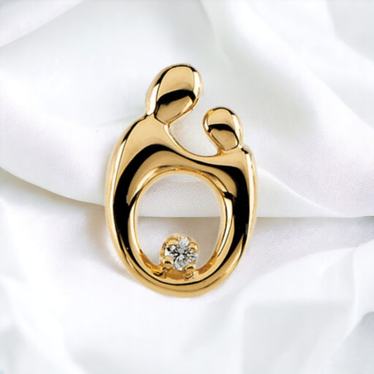 Elegant 14K yellow gold Mother & Child slide pendant with a sparkling natural diamond, showcasing love and connection.