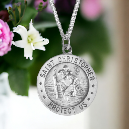 Silver St. Christopher medal necklace, a polished piece offering spiritual protection and a timeless appeal.