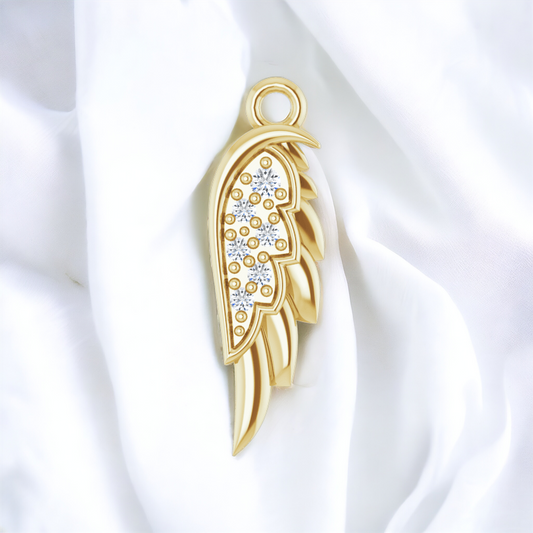 14K yellow gold angel wing pendant with diamond details, exuding luxury and spiritual symbolism.