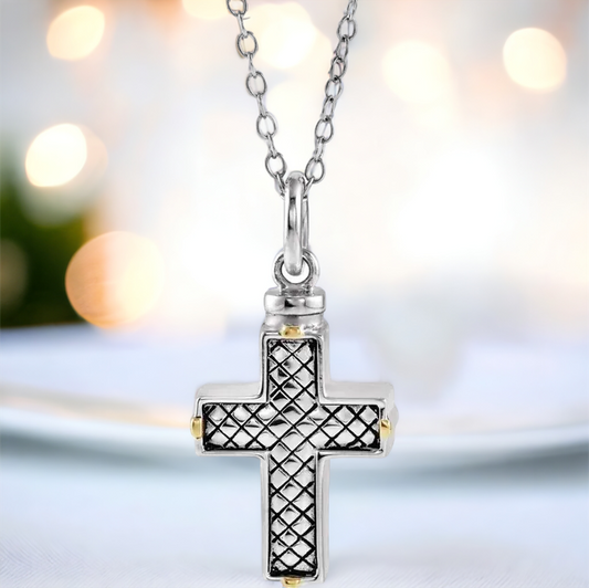 Woven Cross Cremation Urn Necklace in Sterling Silver with 14K Gold-Plated Accents
