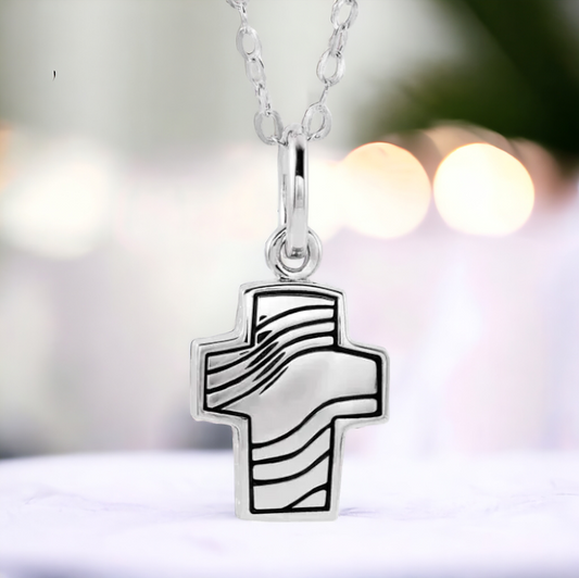 Wavy Cross Cremation Ash Urn Necklace in Sterling Silver