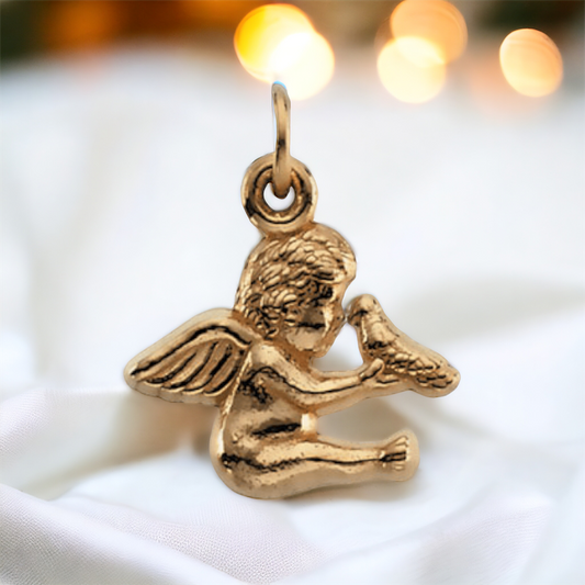 14K Gold Heavenly Cherub & Dove Pendant - Symbols of Peace