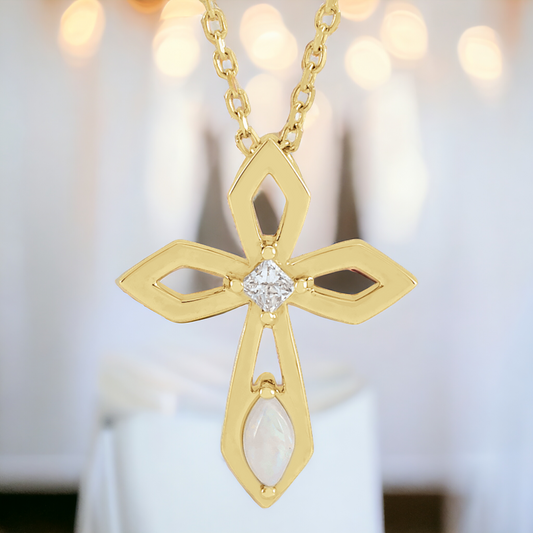 Luminous Opal and Diamond Cross 14K Gold Necklace