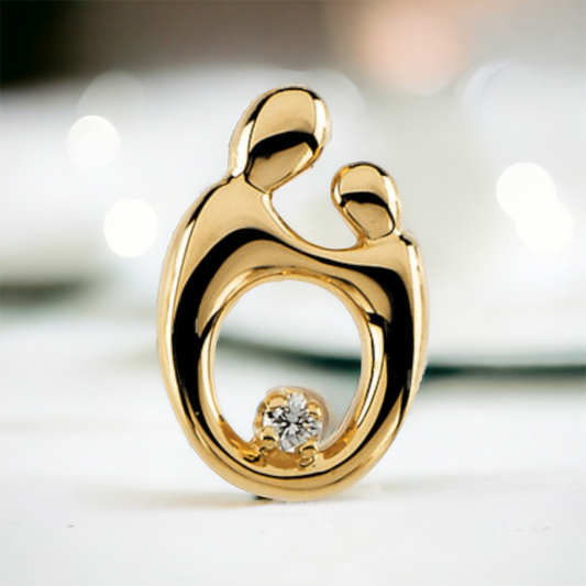 Elegant 14K yellow gold Mother & Child slide pendant with a sparkling natural diamond, showcasing love and connection.