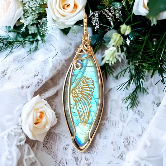 Labradorite gemstone with stunning flashes of blue and green in a 14K Gold-Filled setting, featuring a gold angel wing design on the front - a perfect necklace for someone who has lost their dad.
