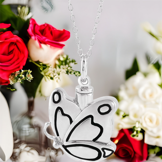 This adorable Sterling Silver butterfly cremation ash necklace for women is the perfect keepsake to remember a pet or loved one. 