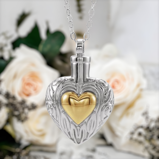 Golden Heart Sterling Silver Ash Necklace with 14K Accent.