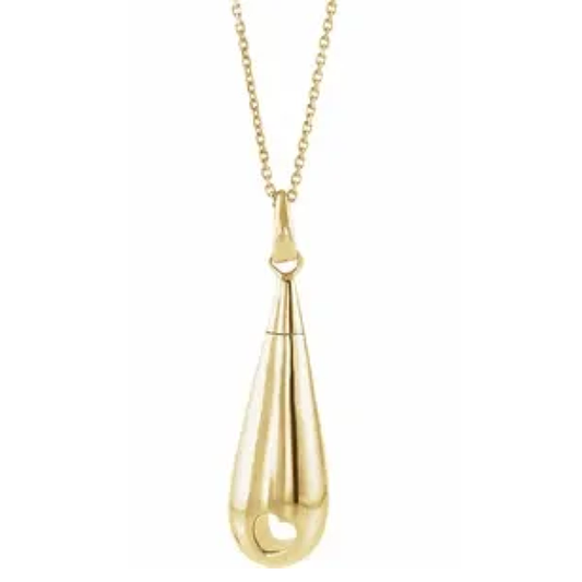 teardrop cremation ash necklace in 10K gold.