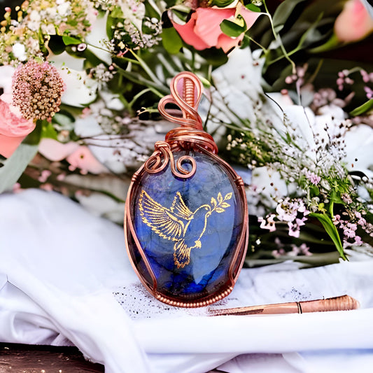 Forever: Blue Labradorite & Raw Copper Peace Dove Memorial Necklace, a beautiful pendant for anyone who has lost someone they loved, featuring a stunning flash of blue Labradorite gemstone and a copper peace dove design.